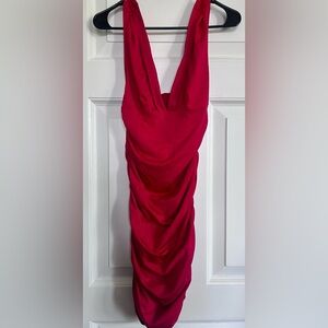 SHEIN - Vibrant Red, Ruched, Deep V-Neckline Mini Dress (NWOT)